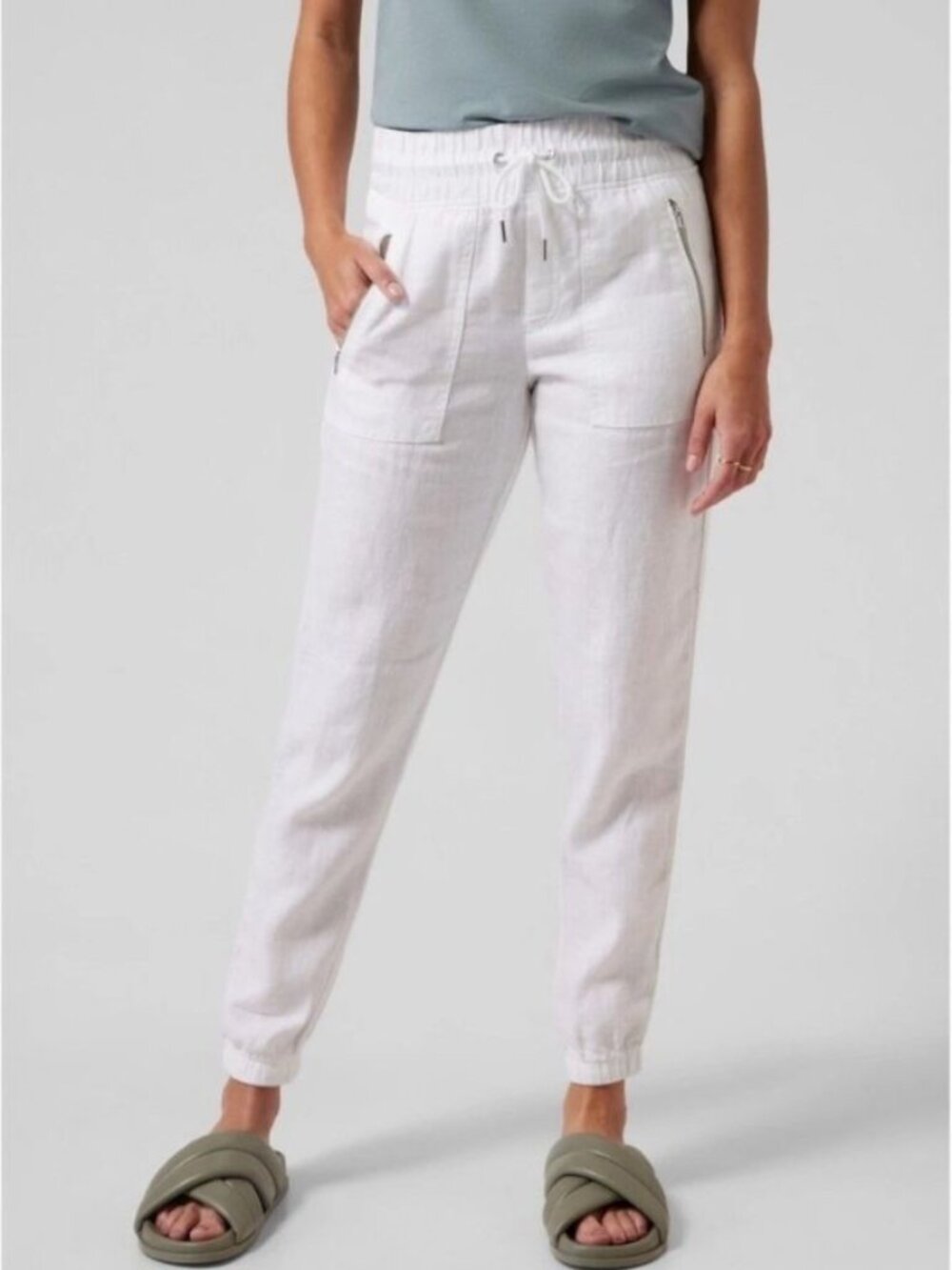 Athleta Cabo Linen Joggers Size 12 In White Vacation Resort Cruise Beach Coastal
